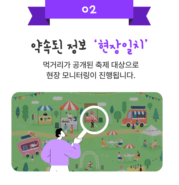 02. 약속된 정보 ‘현장일치’ 먹거리가 공개된 축제 대상으로 현장 모니터링이 진행됩니다.