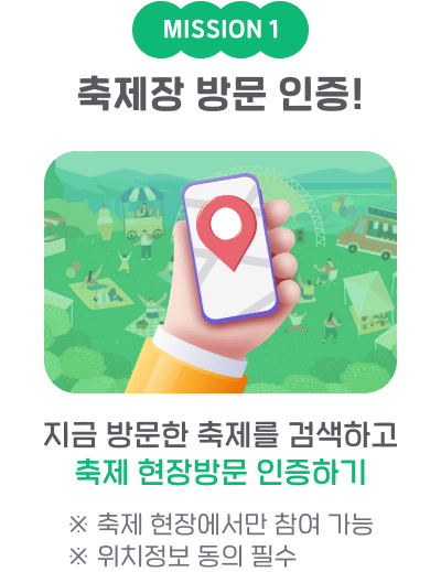 MISSION 1 축제장 방문 인증! 지금 방문한 축제를 검색하고 축제 현장방문 인증하기 ※ 축제 현장에서만 참여 가능 ※ 위치정보 동의 필수