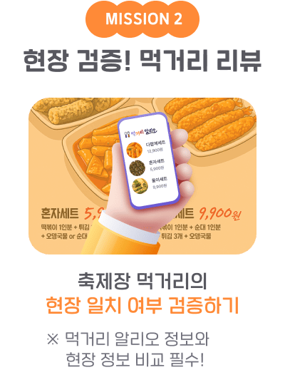MISSION 2 현장 검증! 먹거리 리뷰 축제장 먹거리의 현장 일치 여부 검증하기 ※ 먹거리 알리오 정보와 현장 정보 비교 필수!