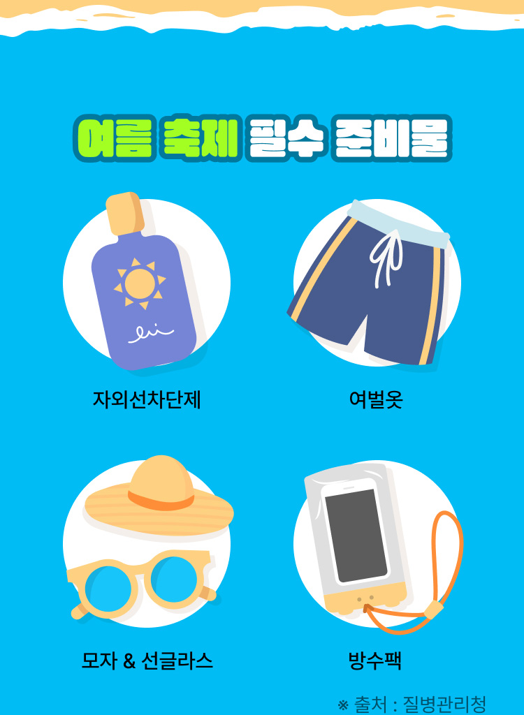여름축제 필수 준비물 : 자외선차단제, 여벌옷, 모자&선글라스, 방수팩