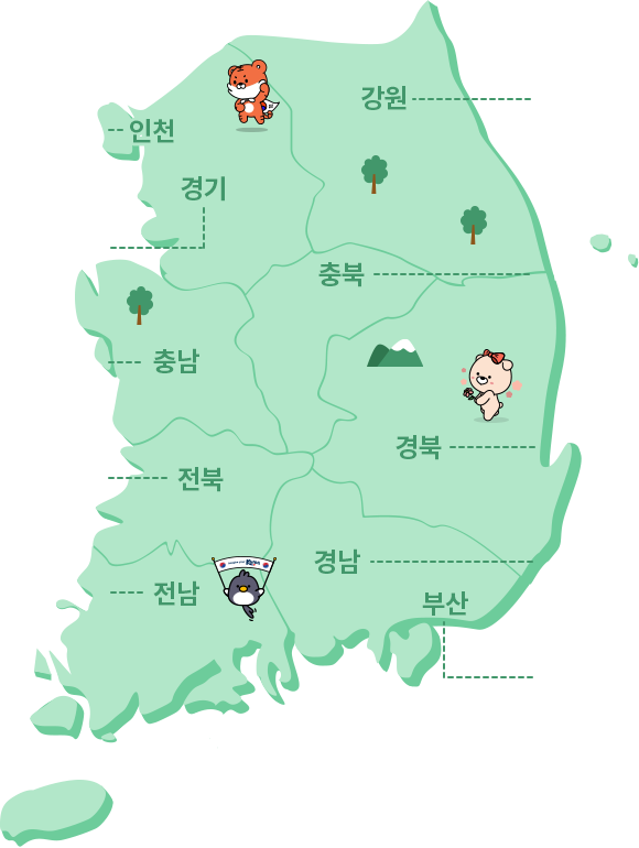 전국지도 - 강원, 인천, 경기, 충북, 충남, 경북, 경남, 전북, 전남, 부산