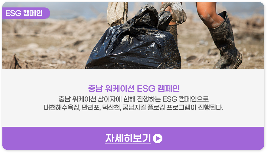 ESG캠페인 | 충남 워케이션 ESG 캠페인-충남 워케이션 참여자에 한해 진행하는 ESG 캠페인으로 대천해수욕장, 만리포, 덕산천, 궁남지길 플로깅 프로그램이 진행된다.
