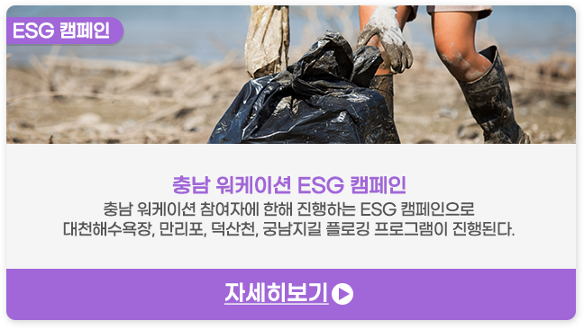 ESG캠페인 | 충남 워케이션 ESG 캠페인-충남 워케이션 참여자에 한해 진행하는 ESG 캠페인으로 대천해수욕장, 만리포, 덕산천, 궁남지길 플로깅 프로그램이 진행된다.